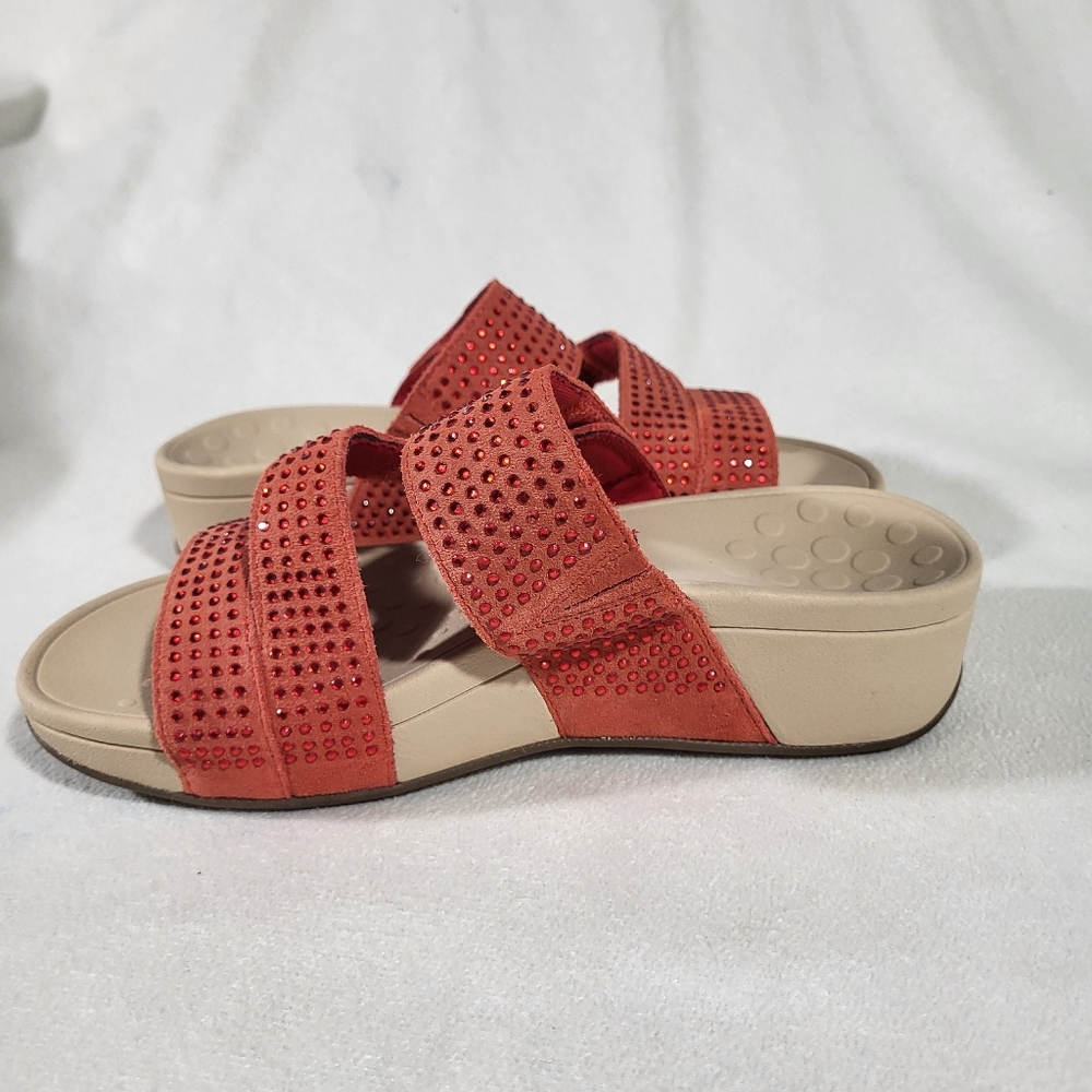 VIONIC Red Rhinestone Suede Comfort Slide Sandals Womens Size 6 Three Strap Adj - Picture 4 of 7